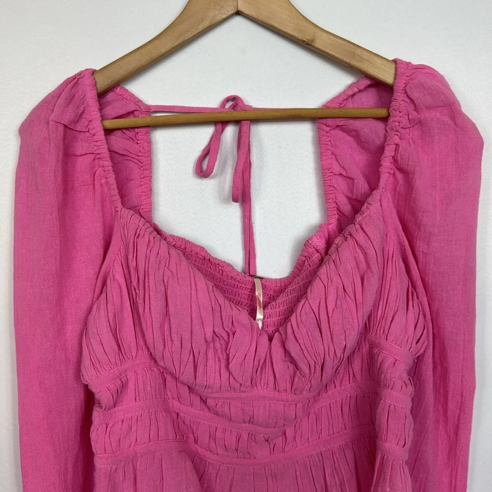 Free People Women’s Top Chloe Aurora Pink Smoked Tie Back Size M Long‎ Sleeve